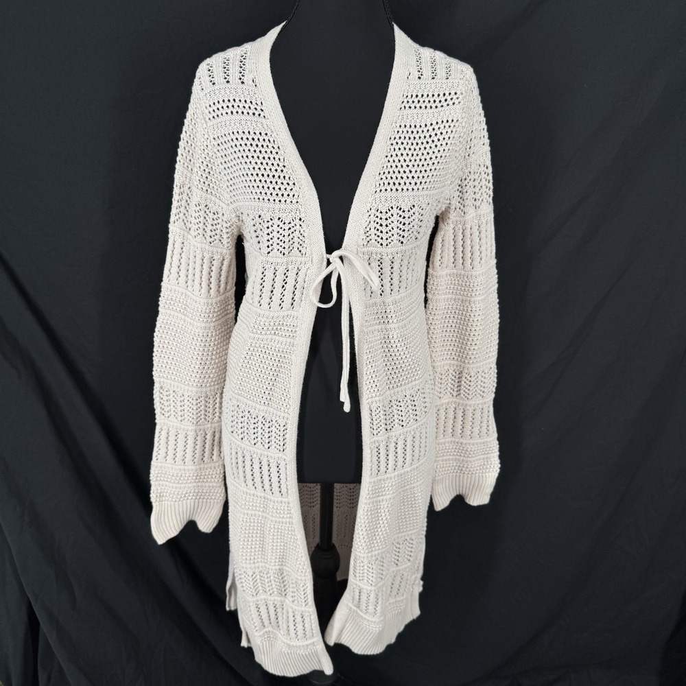 Crochet Knit Cardigan M Cottage Boho Coastal Cowgirl Granola Tie Open Duster Y2K